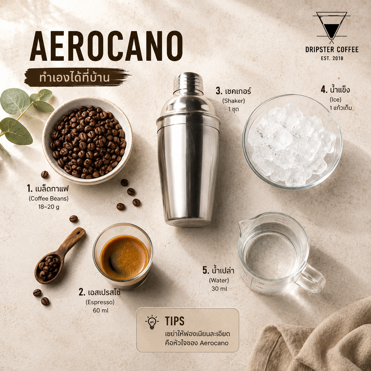 วัตถุดิบทำ Aerocano ที่บ้าน เมล็ดกาแฟ เชคเกอร์ และน้ำแข็ง