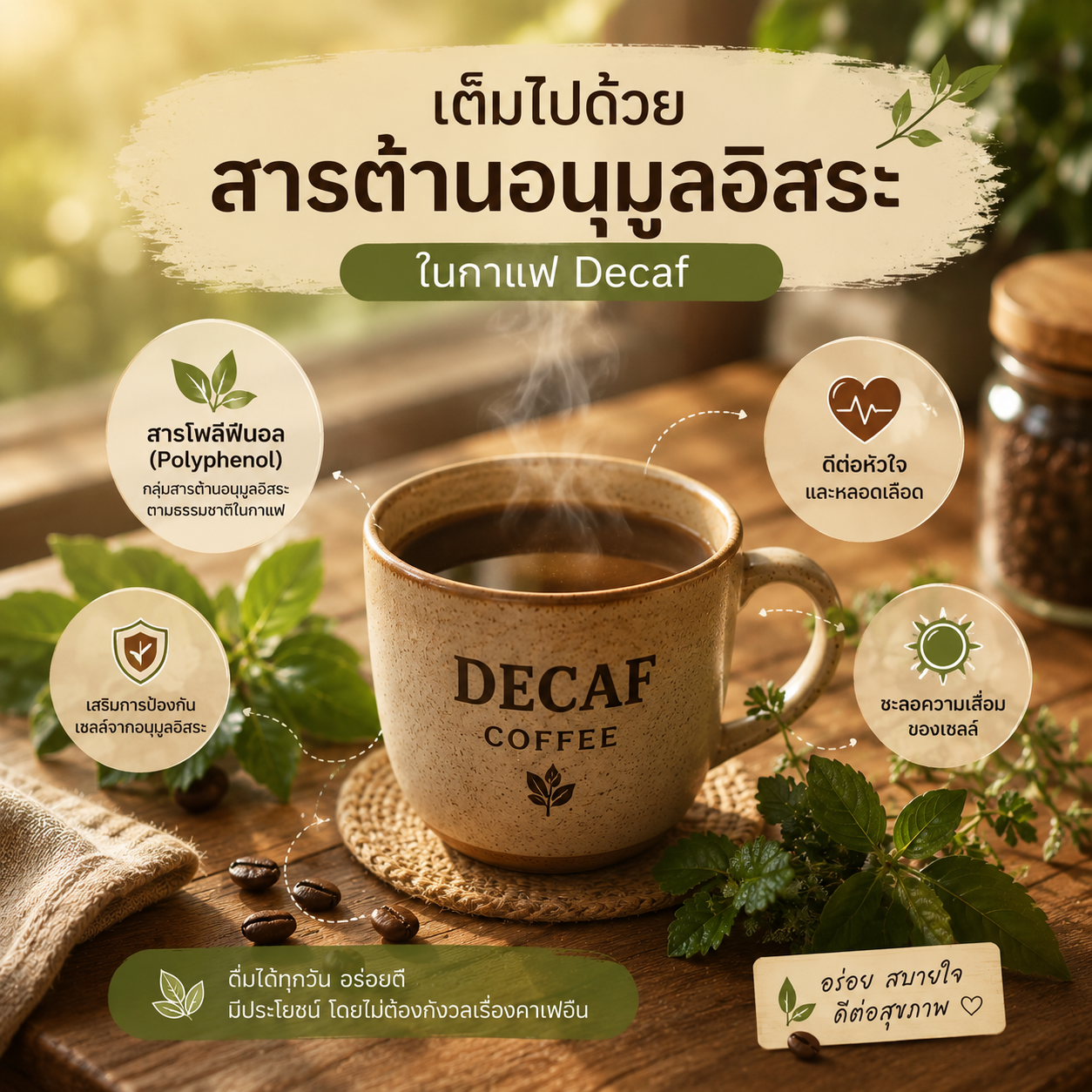 ประโยชน์กาแฟ Decaf ต่อสุขภาพ สารต้านอนุมูลอิสระ Polyphenol ในกาแฟไม่มีคาเฟอีน