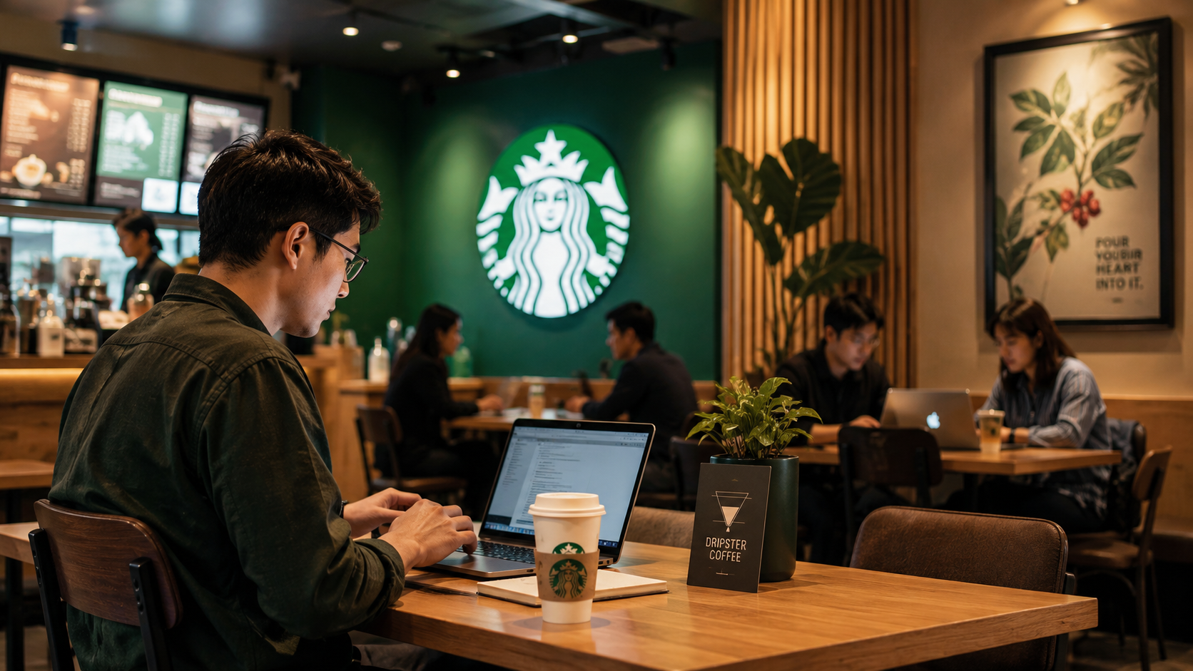 บรรยากาศร้าน Starbucks ทั่วไป คนนั่งทำงานพร้อมแก้วกาแฟ บรรยากาศสบายๆ
