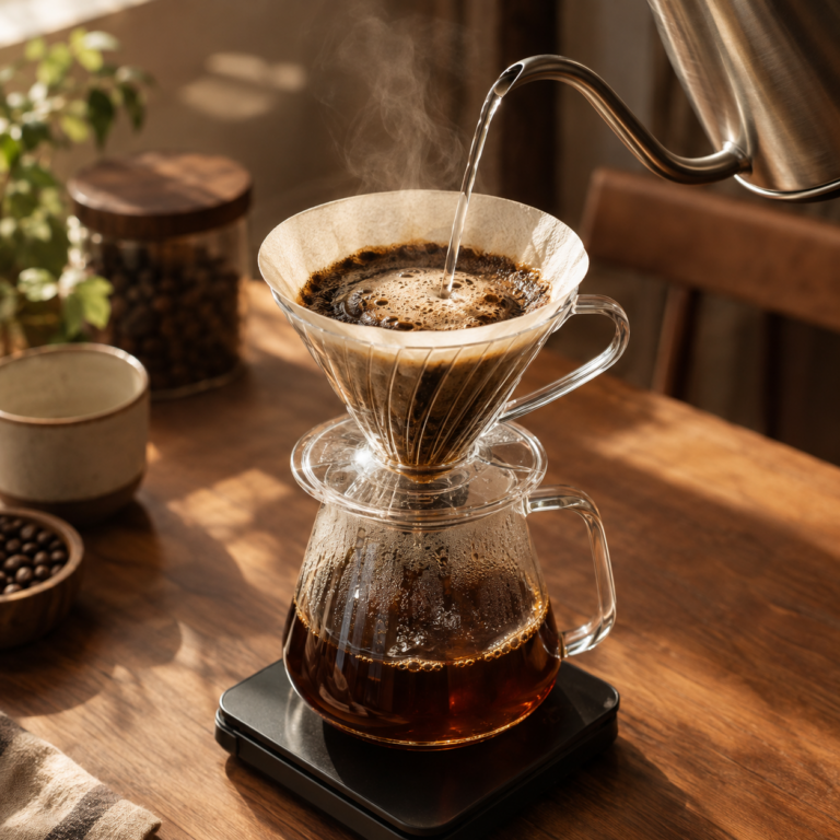 สูตรกาแฟดริป 4:6 กำลังเทน้ำลงดริปเปอร์ V60 บนเครื่องชั่ง