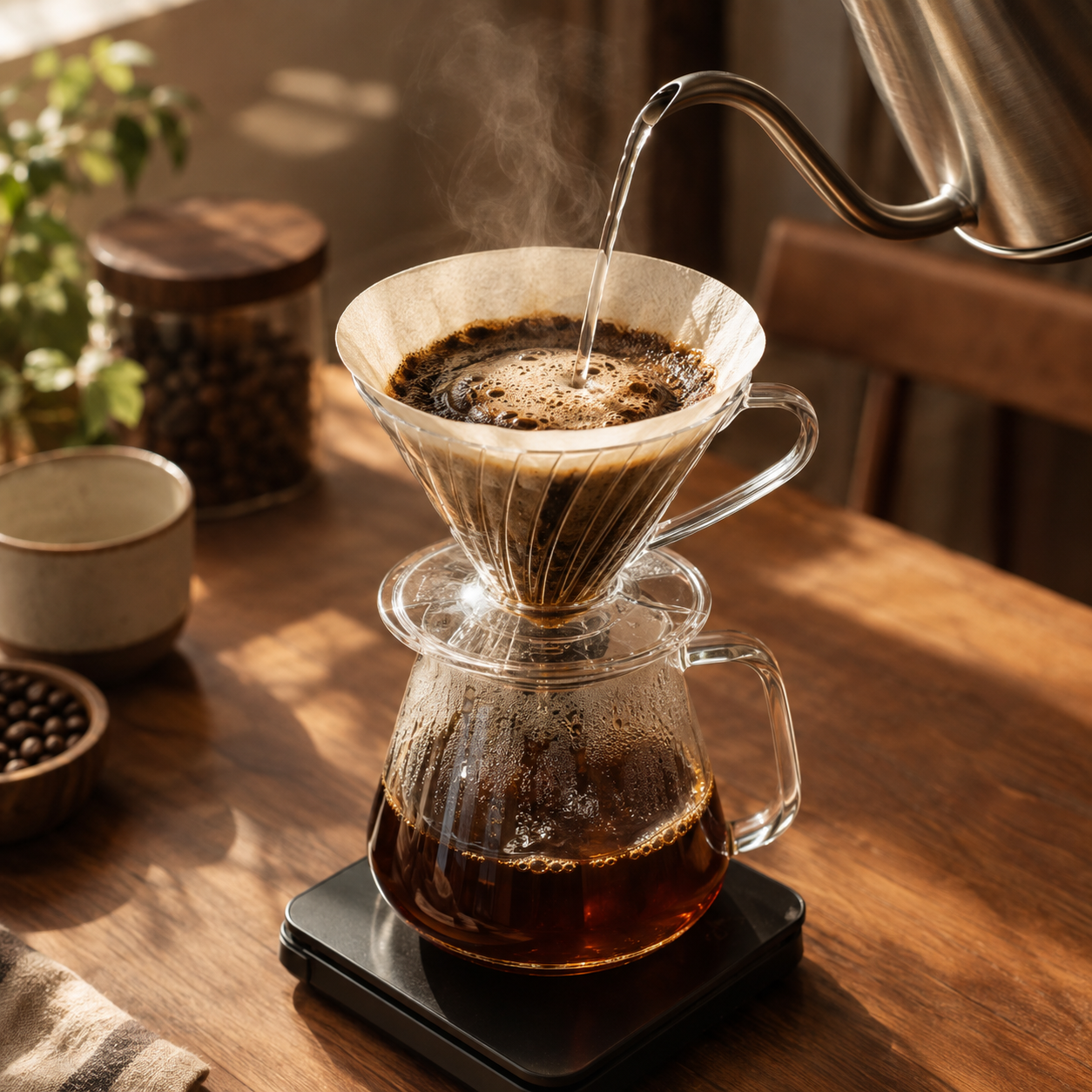 สูตรกาแฟดริป 4:6 กำลังเทน้ำลงดริปเปอร์ V60 บนเครื่องชั่ง