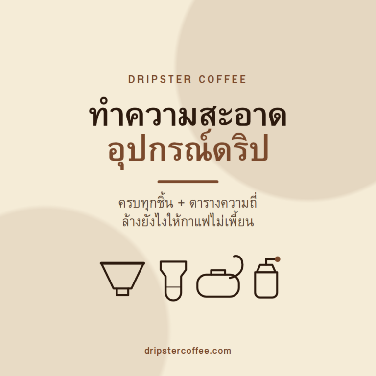 การ์ดปกบทความทำความสะอาดอุปกรณ์ดริป มีภาพวาดดริปเปอร์ โถเซิร์ฟเวอร์ กาคอห่าน และเครื่องบดกาแฟ