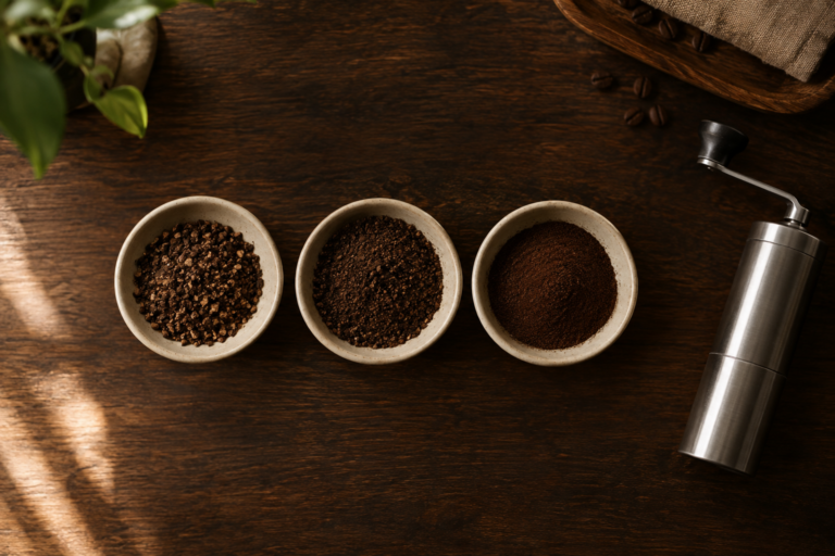 ผงกาแฟบดสามระดับ หยาบ กลาง ละเอียด ในถ้วยเซรามิก วางข้างเครื่องบดมือหมุน