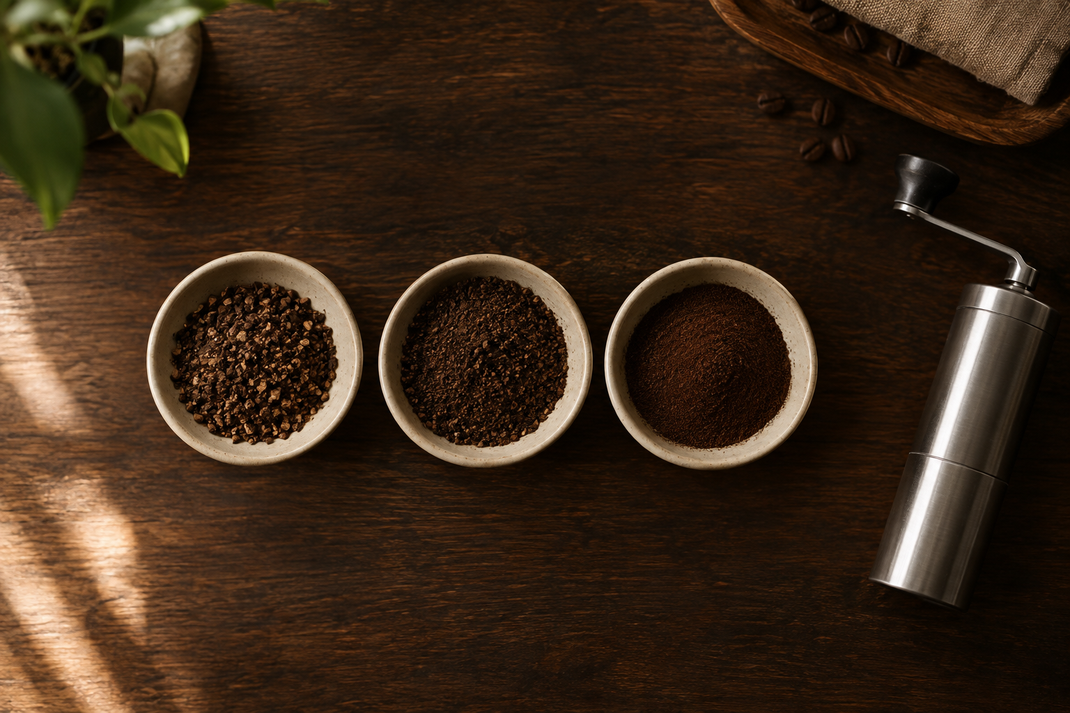 ผงกาแฟบดสามระดับ หยาบ กลาง ละเอียด ในถ้วยเซรามิก วางข้างเครื่องบดมือหมุน