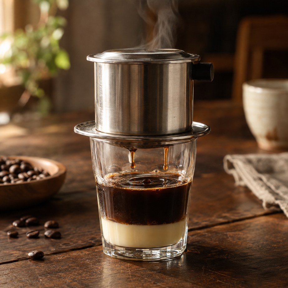 วิธีชงกาแฟเวียดนามด้วยหม้อกรองฟินสแตนเลสบนแก้วใส กาแฟหยดลงบนชั้นนมข้นหวาน