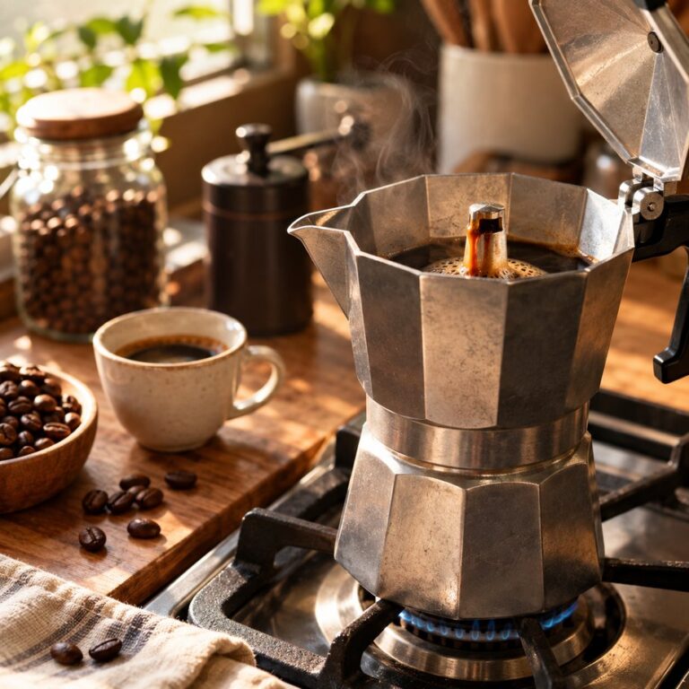 หม้อต้มกาแฟ Moka Pot อลูมิเนียมตั้งบนเตาแก๊ส กาแฟกำลังไหลขึ้นห้องบนพร้อมไอน้ำ