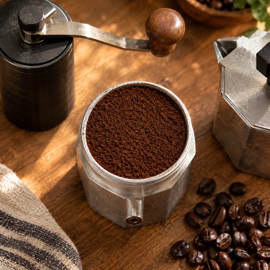ผงกาแฟบดละเอียดเกลี่ยเรียบในตะกร้ากรองของ Moka Pot วางข้างเครื่องบดมือหมุนและเมล็ดกาแฟ