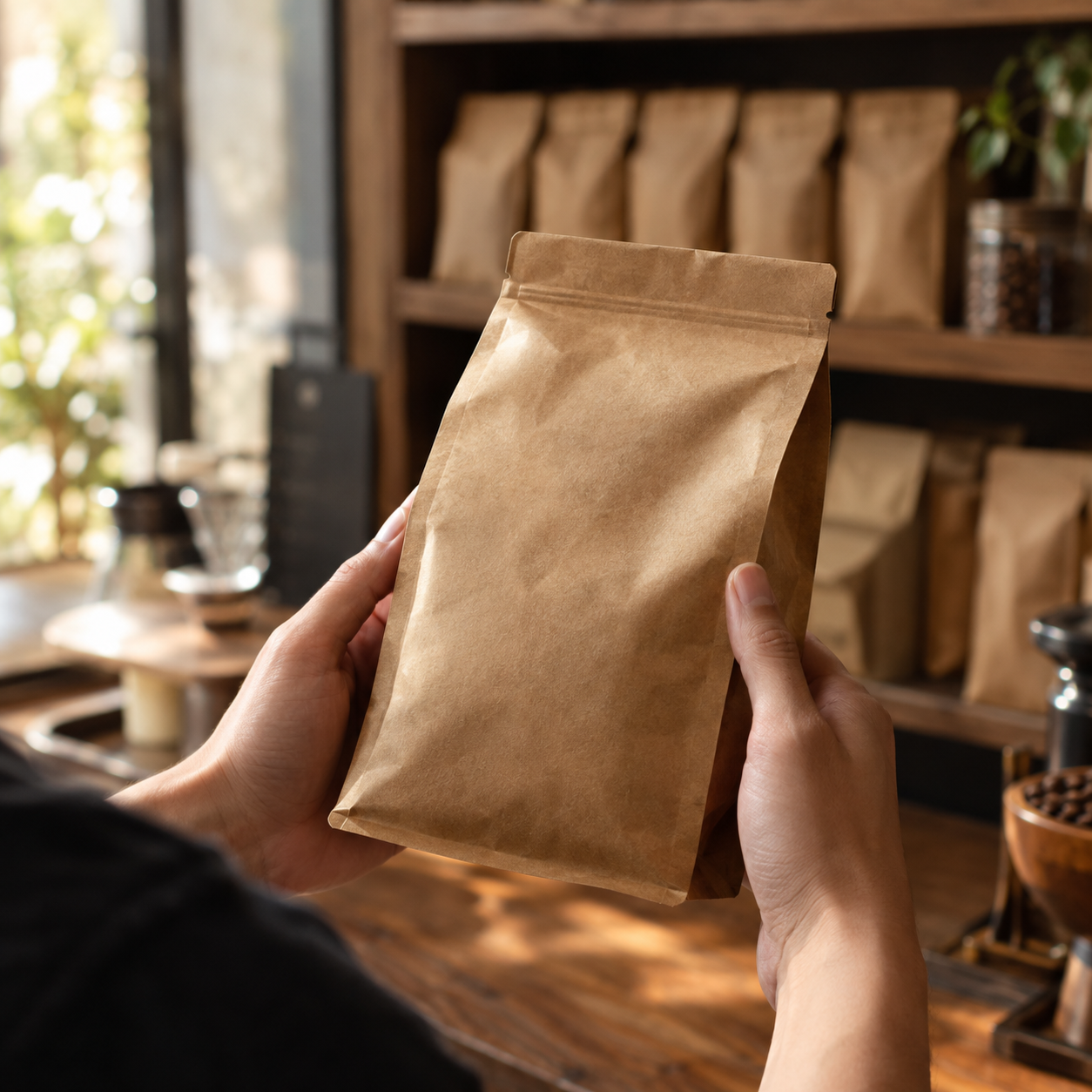ศัพท์บนถุงเมล็ดกาแฟ มือถือถุงกาแฟคราฟต์ขึ้นอ่านฉลากในร้านกาแฟ
