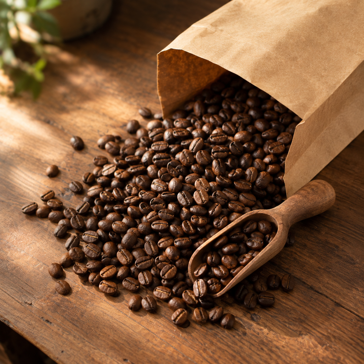 เมล็ดกาแฟคั่วเทออกจากถุงคราฟต์บนโต๊ะไม้ พร้อมช้อนตักไม้
