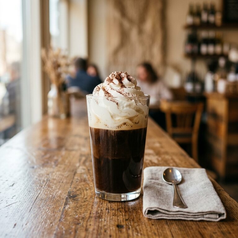 แก้วกาแฟ Einspänner ทรงสูงใส มีชั้นเอสเพรสโซสีเข้มด้านล่างและวิปครีมหนาสีขาวโรยผงโกโก้อยู่ด้านบน วางบนโต๊ะไม้ในคาเฟ่
