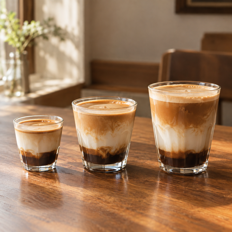 แก้วกาแฟนมขนาดเล็กสามใบเรียงกันบนโต๊ะไม้ เห็นชั้นนมและเอสเพรสโซต่างกัน