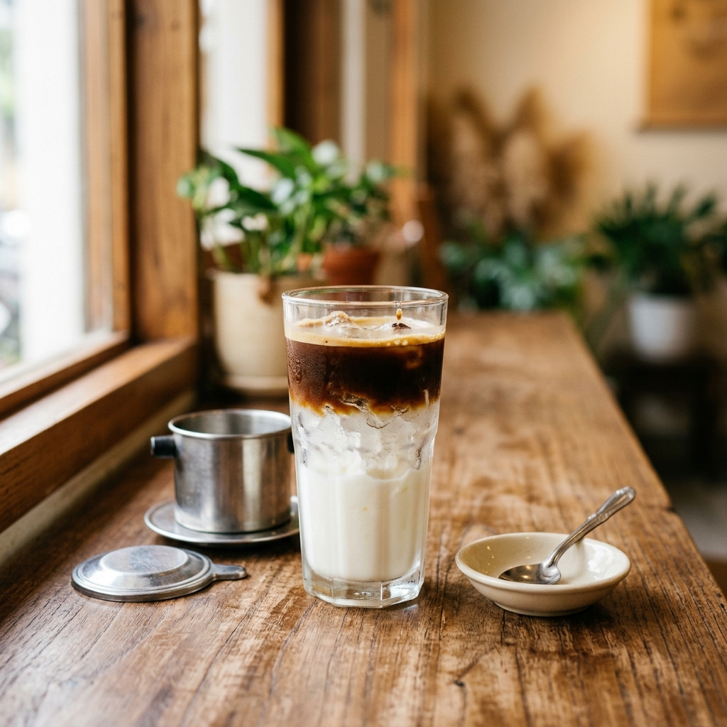 แก้วกาแฟโยเกิร์ตเย็นแบบเวียดนาม มีชั้นโยเกิร์ตสีขาวด้านล่างและกาแฟดำเข้มด้านบน วางคู่หม้อกรองฟินบนโต๊ะไม้